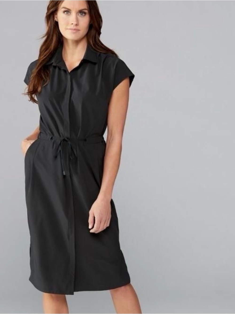 Rei Co-op Black Midi Quick-dry Travel dress Shirt Dress with Drawstring Waist